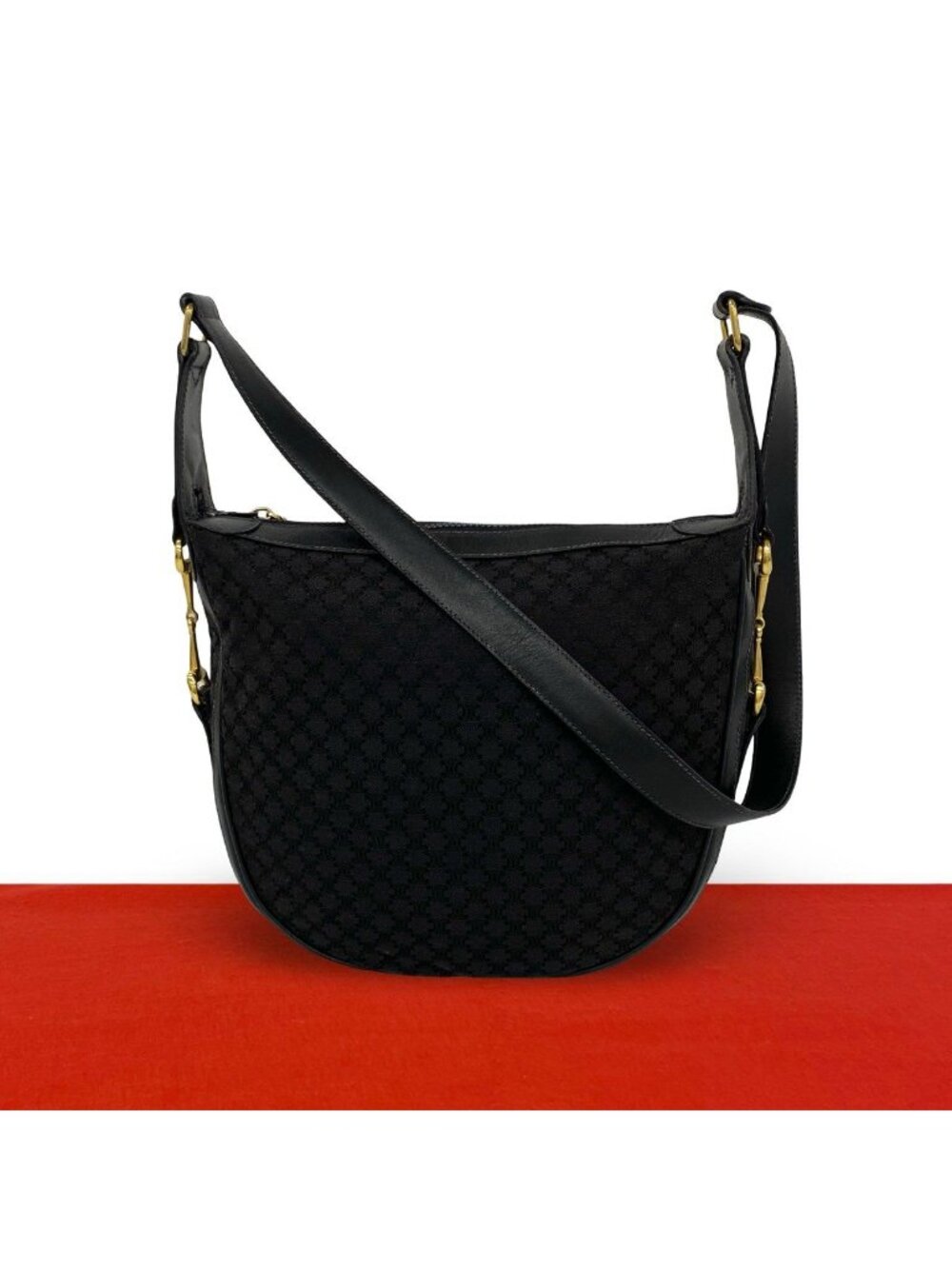 Celine Macadam Blason Pattern Triomphe Canvas Leather Shoulder Bag Cross Black